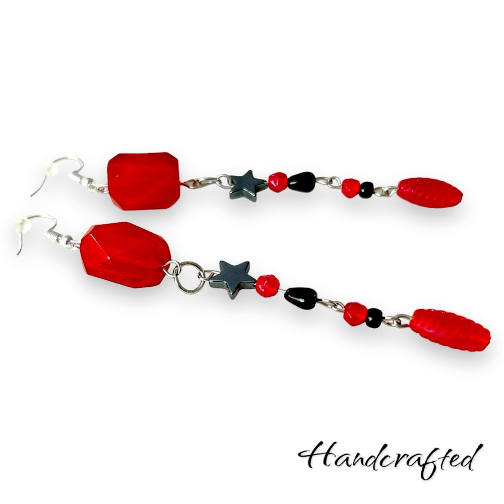 Handcrafted earrings - 3 inches of dangle! Red and black shooting stars